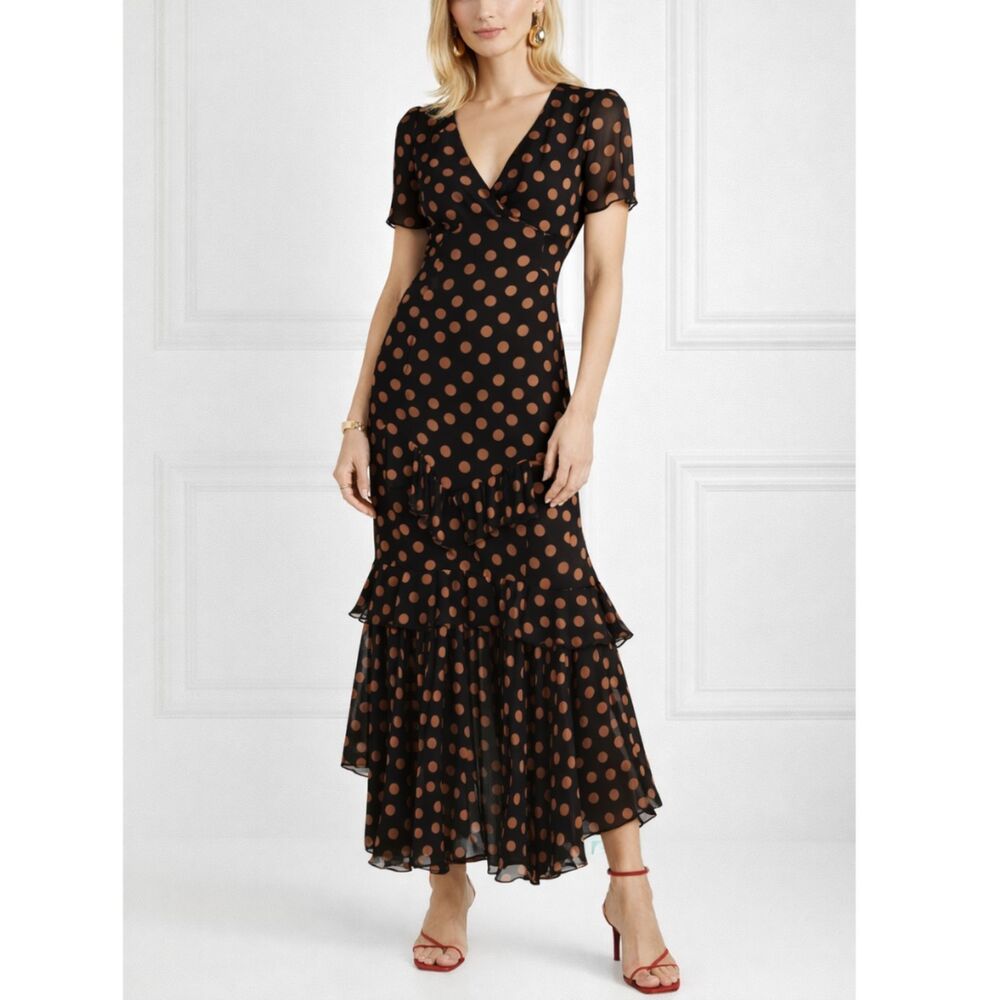 De La Vali NWT Polka Dot Maxi Dress Women’s 6 Black V Neck Ruffle Evening‎ Chic